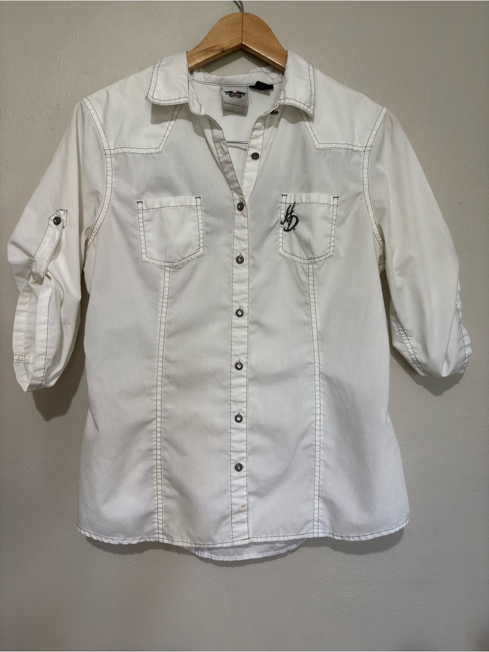 Harley Davidson White Winged Button Up Shirt Large Biker Moto Western Boho - Picture 14 of 15